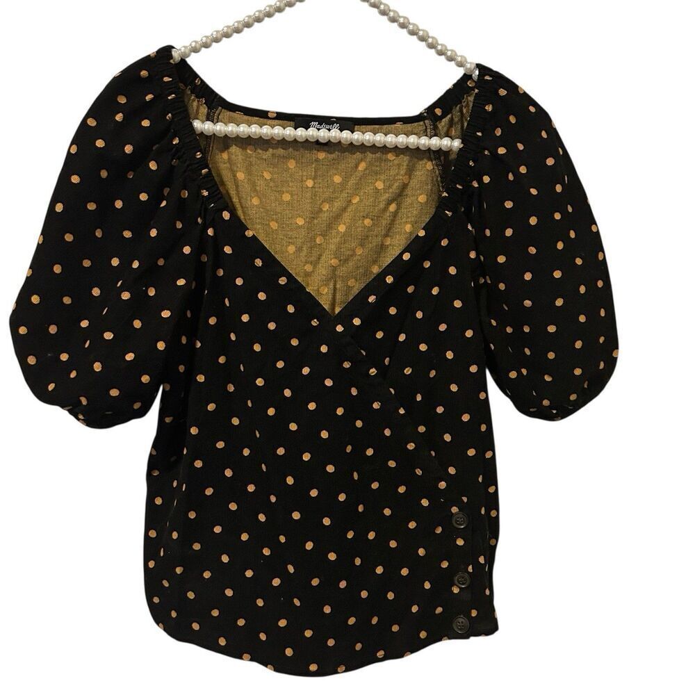 Madewell Top Womens Size XXS Corduroy Puff Sleeve Black Tan Polka Dot Romantic